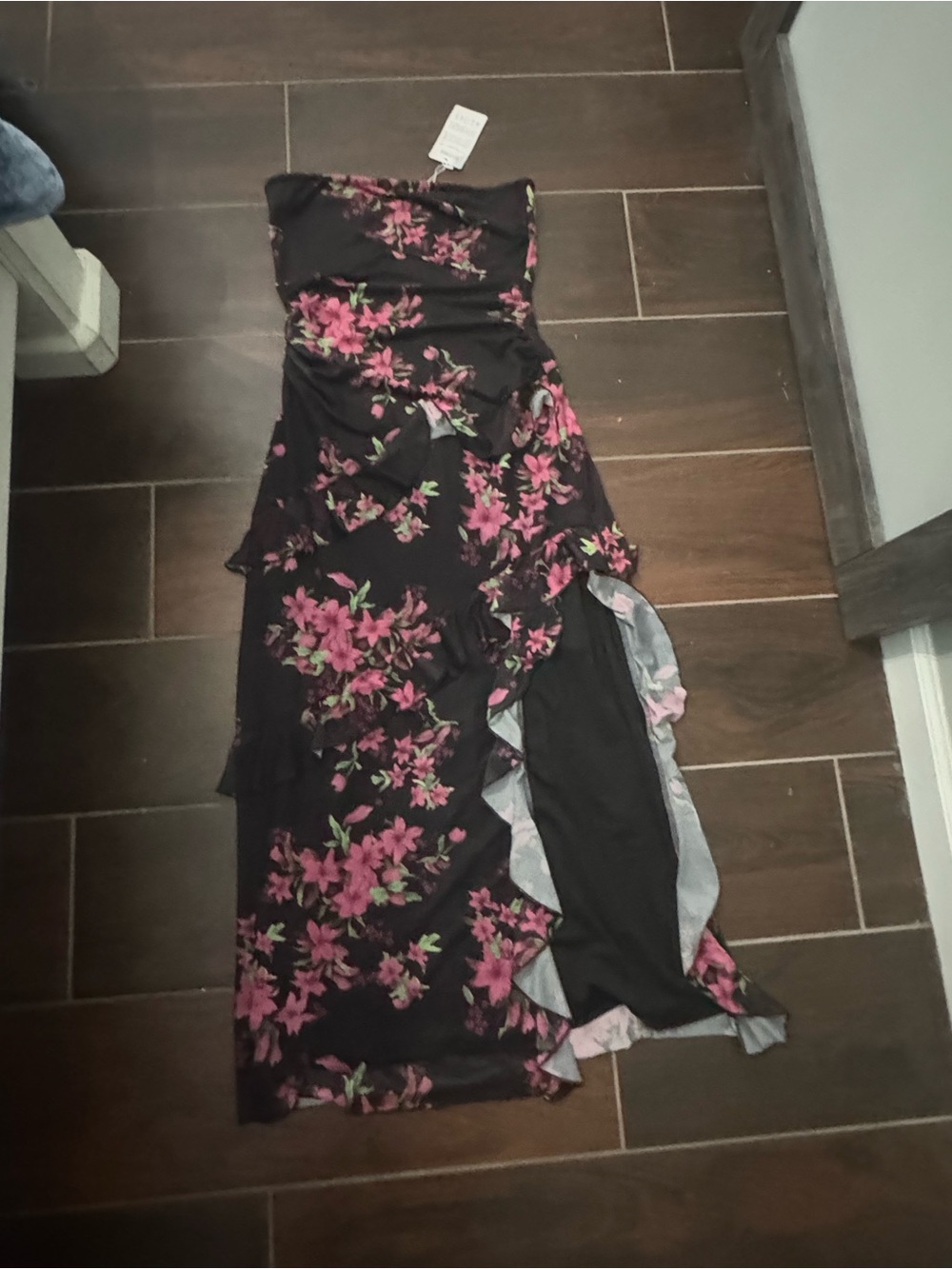 Strapless Black Floral Ruffle Maxi Dress - Pink Floral